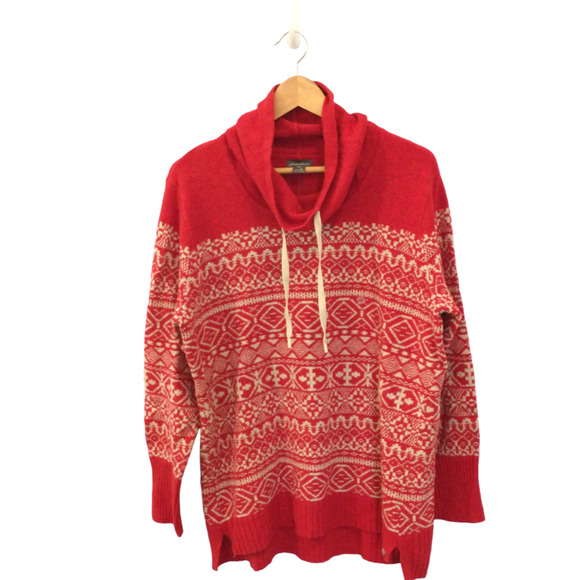 Women's Eddie Bauer XL Fair Isle Drawstring Cowl Sweater Red Cream Ski Cabin NWT - Picture 10 of 12